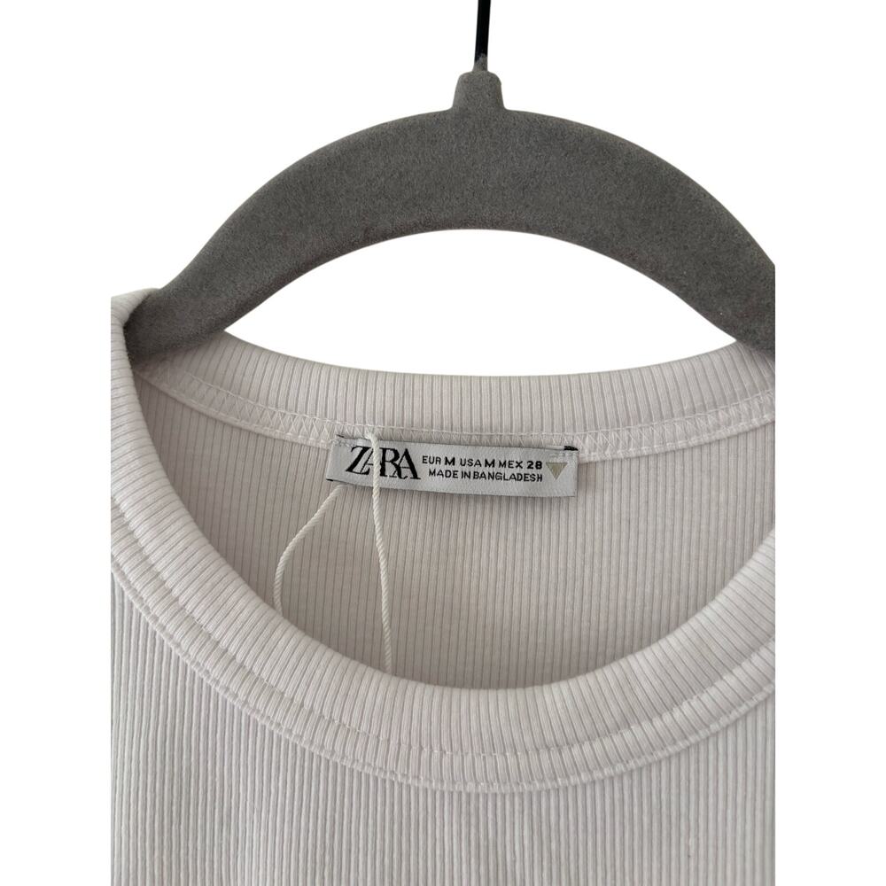 Zara Womens White Ribbed T Shirt Crew Neck Stretch Short Sleeve Size M Basic - Picture 4 of 7
